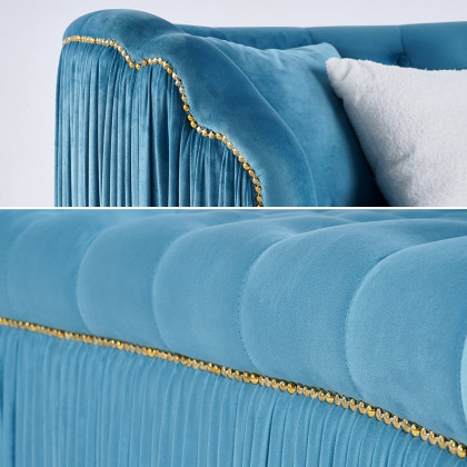HMR - Velvet Upholstered 3-Seater Sofa in 83"W, Blue
