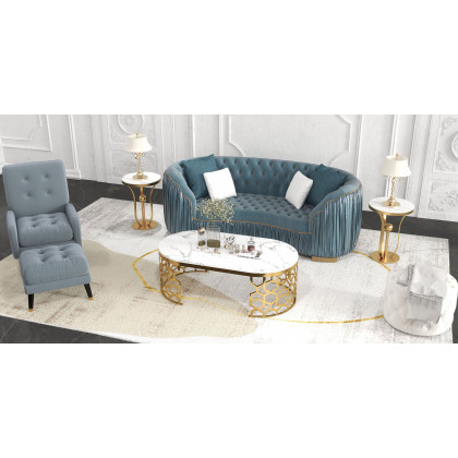 HMR - Velvet Upholstered 3-Seater Sofa in 83"W, Blue
