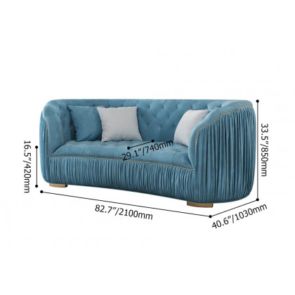 HMR - Velvet Upholstered 3-Seater Sofa in 83"W, Blue