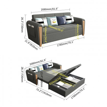 HMR - Upholstered Convertible Sofa Bed with Storage in 82"W, Gray