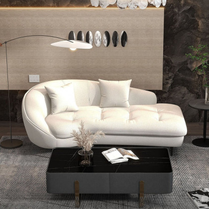HMR - Chaise Longue Upholstered Linen 3-Seater Sofa in Steel Legs in 78.7"W, White