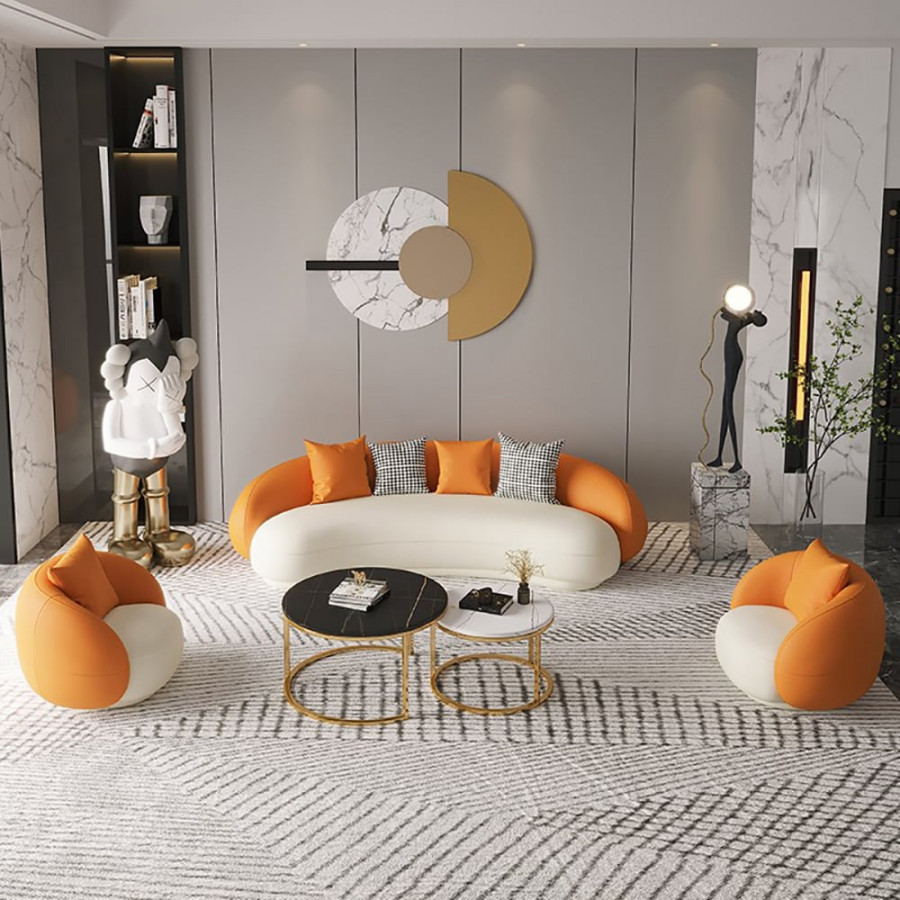 HMR - Leather Upholstered 3-Seater Sofa in 82.7"W, Orange and White
