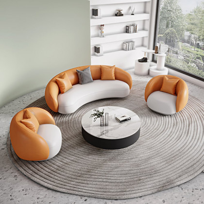 HMR - Leather Upholstered 3-Seater Sofa in 82.7"W, Orange and White