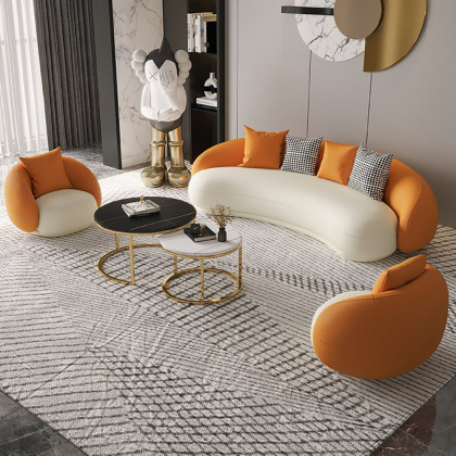 HMR - Leather Upholstered 3-Seater Sofa in 82.7"W, Orange and White