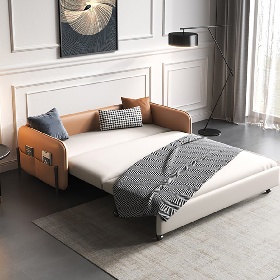 HMR - Convertible Sofa Bed Upholstered with Storage Pocket in 67"L, Brown and White