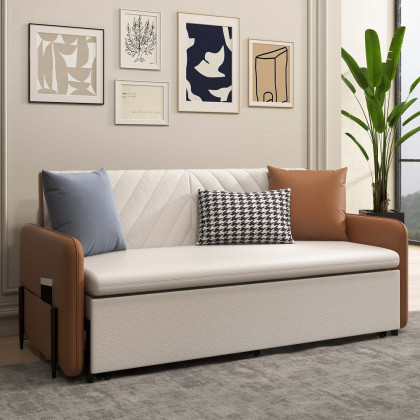 HMR - Convertible Sofa Bed Upholstered with Storage Pocket in 67"L, Brown and White