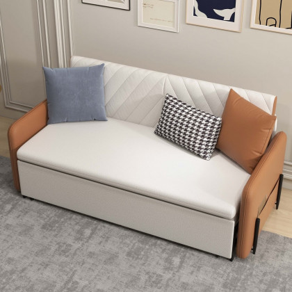 HMR - Convertible Sofa Bed Upholstered with Storage Pocket in 67"L, Brown and White