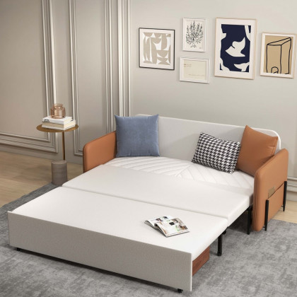 HMR - Convertible Sofa Bed Upholstered with Storage Pocket in 67"L, Brown and White