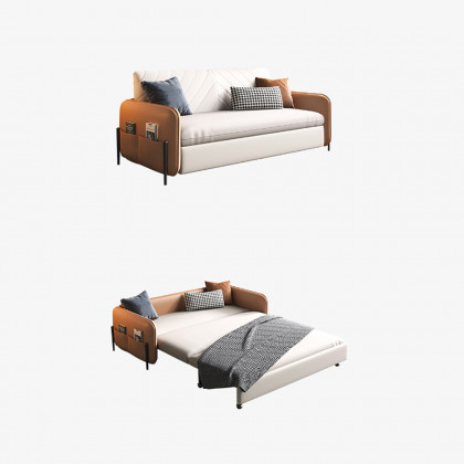 HMR - Convertible Sofa Bed Upholstered with Storage Pocket in 67"L, Brown and White