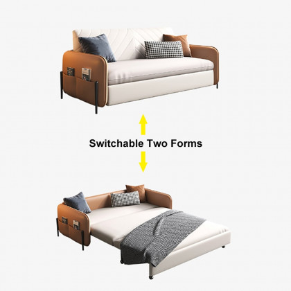 HMR - Convertible Sofa Bed Upholstered with Storage Pocket in 67"L, Brown and White