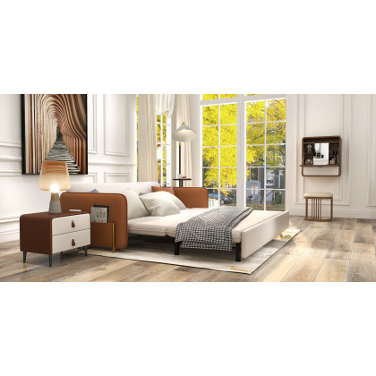HMR - Convertible Sofa Bed Upholstered with Storage Pocket in 67"L, Brown and White