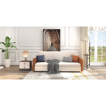 HMR - Convertible Sofa Bed Upholstered with Storage Pocket in 67"L, Brown and White