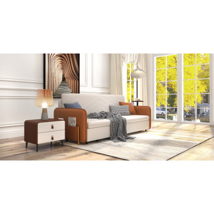 HMR - Convertible Sofa Bed Upholstered with Storage Pocket in 67"L, Brown and White