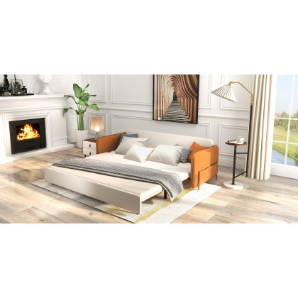 HMR - Convertible Sofa Bed Upholstered with Storage Pocket in 67"L, Brown and White