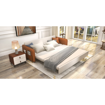HMR - Convertible Sofa Bed Upholstered with Storage Pocket in 67"L, Brown and White
