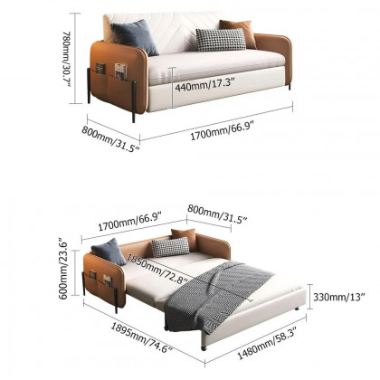 HMR - Convertible Sofa Bed Upholstered with Storage Pocket in 67"L, Brown and White