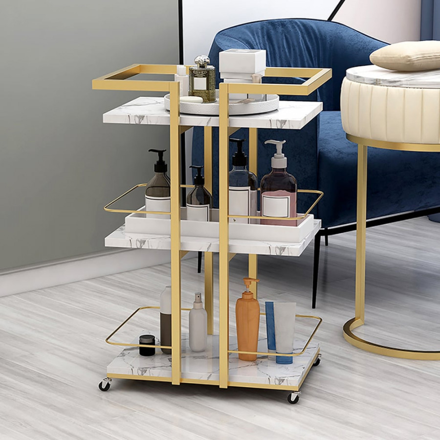HMR - 3-Tier Rectangular Rolling Bar Cart with Wheels in Gold