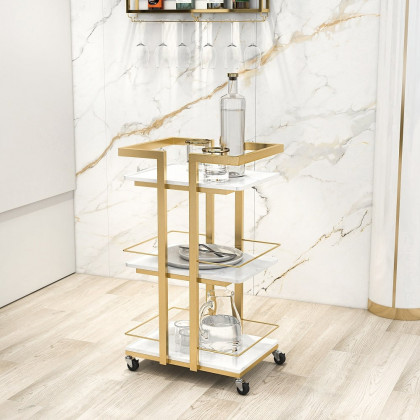 HMR - 3-Tier Rectangular Rolling Bar Cart with Wheels in Gold