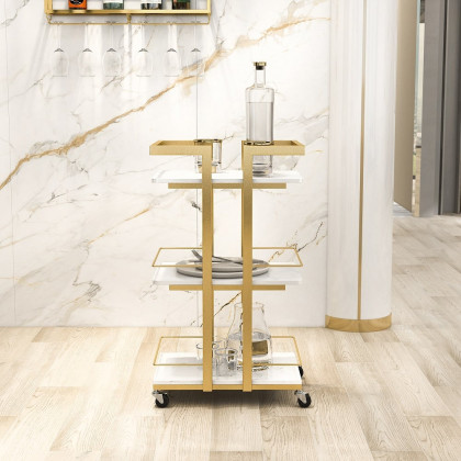 HMR - 3-Tier Rectangular Rolling Bar Cart with Wheels in Gold