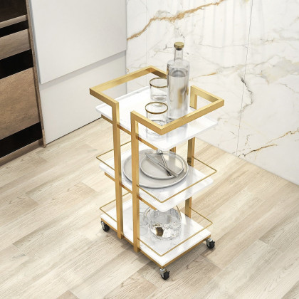 HMR - 3-Tier Rectangular Rolling Bar Cart with Wheels in Gold