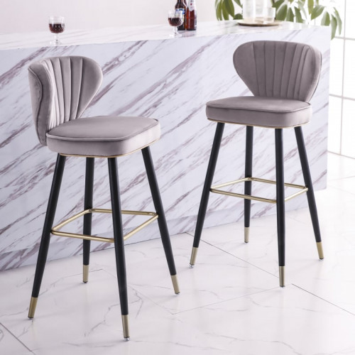 HMR - Modern Upholstered Velvet Bar Stools with Back (Set of 2) in Gray