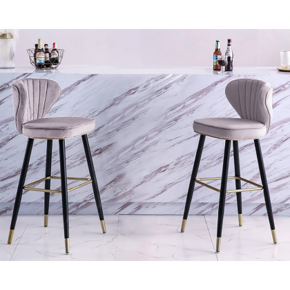 HMR - Modern Upholstered Velvet Bar Stools with Back (Set of 2) in Gray