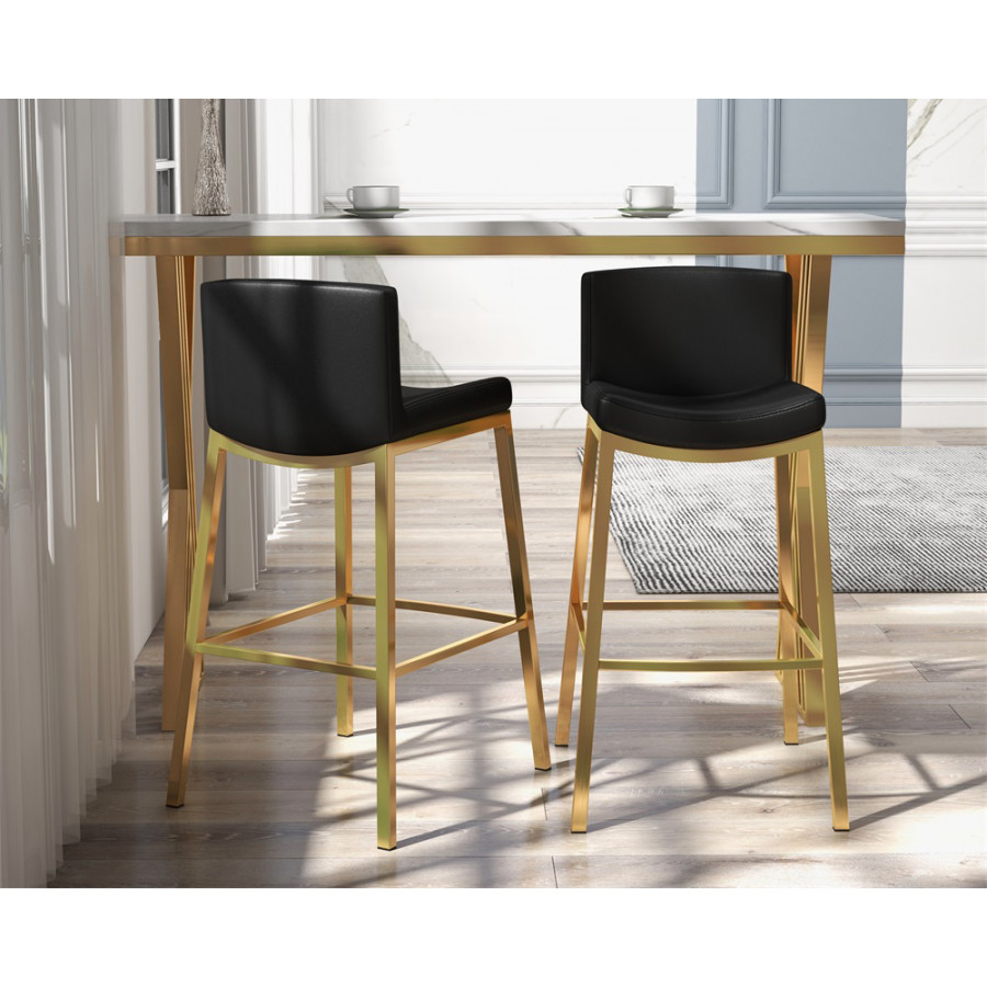 HMR - Faux Leather Counter Height Bar Stools with Back and Footrest (Set of 2) in Black