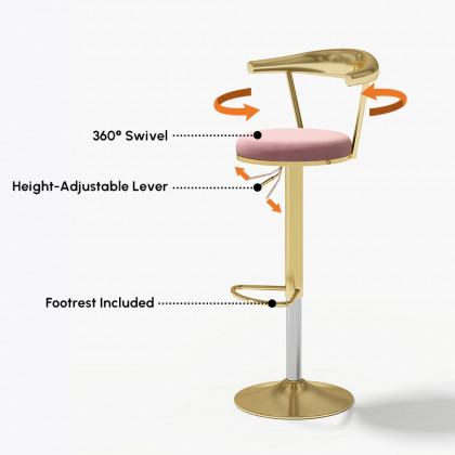 HMR Modern Adjustable Swivel Bar Stools or Counter Stools with Velvet Upholstery (Single) - Pink
