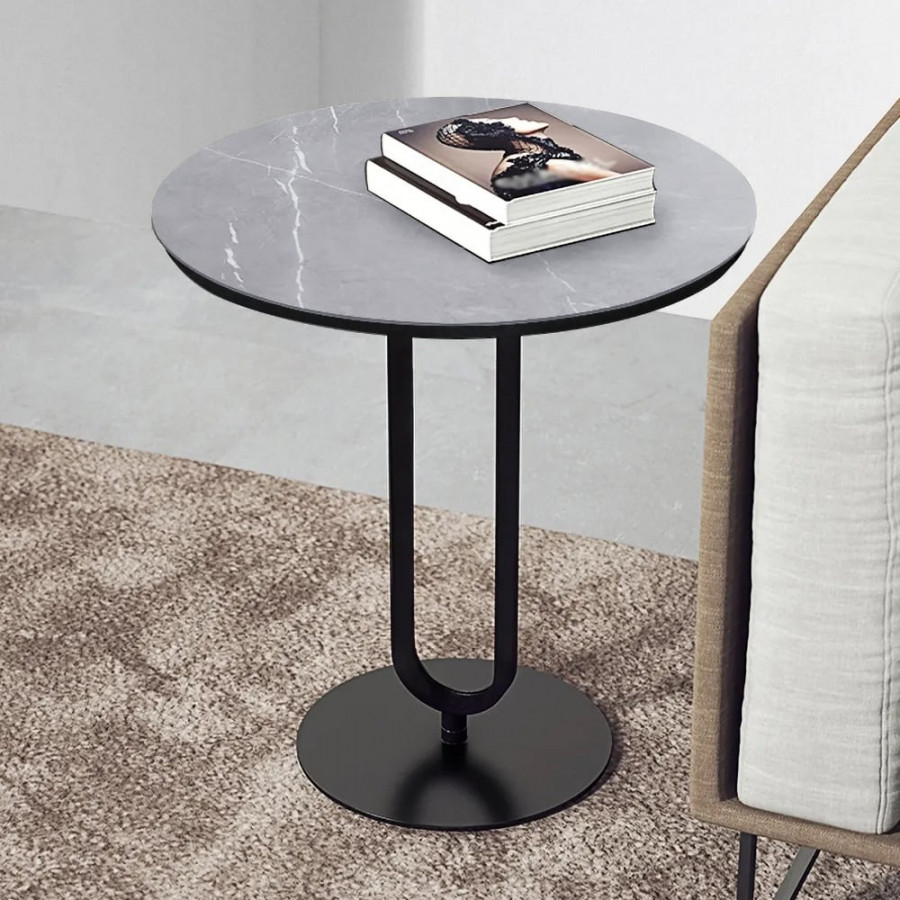 HMR - Dark Gray Sintered Stone Round Side Table Carbon Steel Base in Black