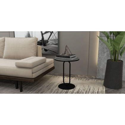 HMR - Dark Gray Sintered Stone Round Side Table Carbon Steel Base in Black
