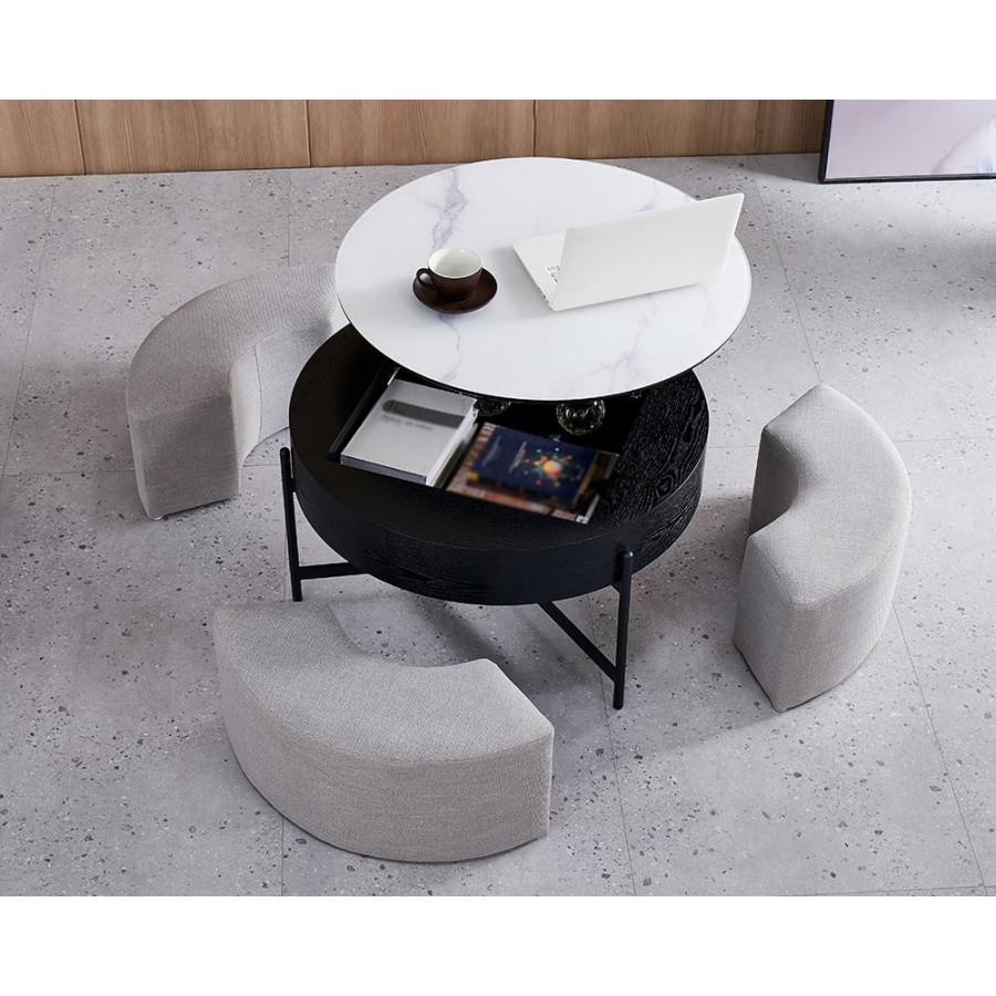 HMR Modern Round Lift-Top Coffee Table with Stools - White/Black