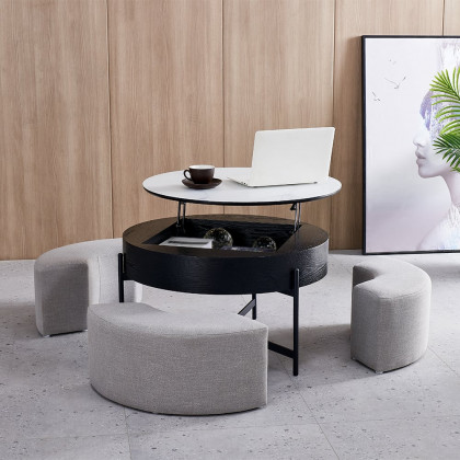 HMR Modern Round Lift-Top Coffee Table without Stools - White/Black