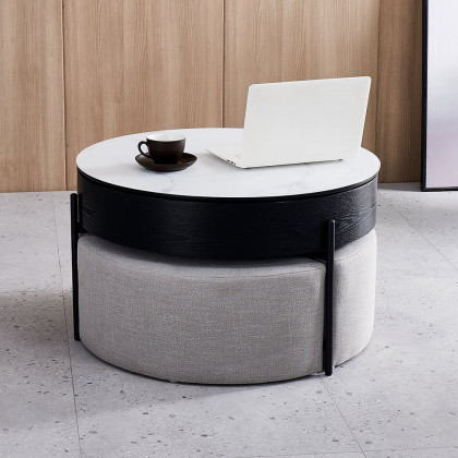 HMR Modern Round Lift-Top Coffee Table without Stools - White/Black