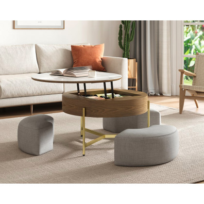 HMR Modern Round Lift-Top Coffee Table with Stools - White/Walnut