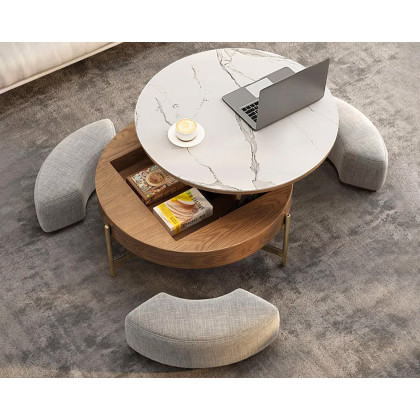 HMR - Modern Round Lift-Top Coffee Table with Stools