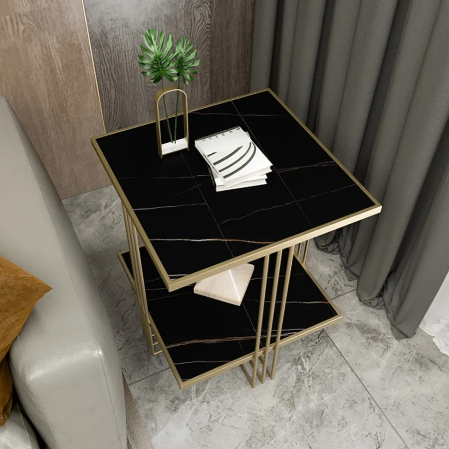 HMR - Side Table with Storage and Geometric with Gold Frame in Black