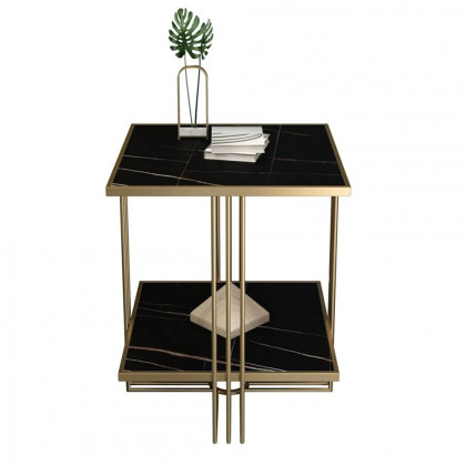 HMR - Side Table with Storage and Geometric with Gold Frame in Black