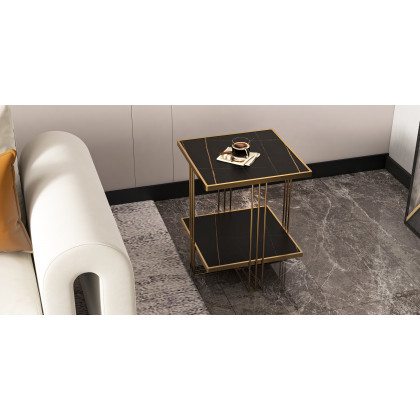 HMR - Side Table with Storage and Geometric with Gold Frame in Black
