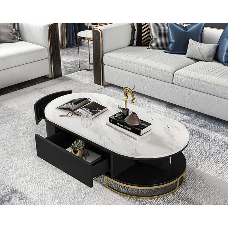 HMR - Oval Storage Coffee Table with Drawers Sintered Stone Gold Base in White