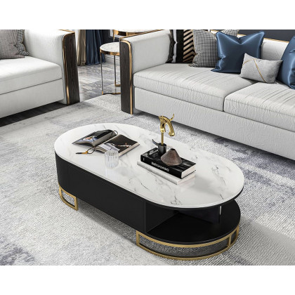 HMR - Oval Storage Coffee Table with Drawers Sintered Stone Gold Base in White