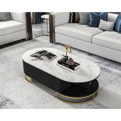 HMR - Oval Storage Coffee Table with Drawers Sintered Stone Gold Base in White