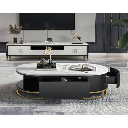 HMR - Oval Storage Coffee Table with Drawers Sintered Stone Gold Base in White