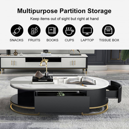 HMR - Oval Storage Coffee Table with Drawers Sintered Stone Gold Base in White