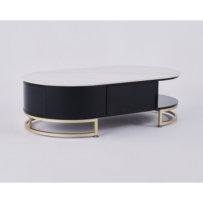 HMR - Oval Storage Coffee Table with Drawers Sintered Stone Gold Base in White