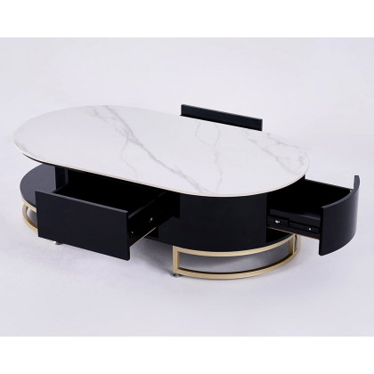 HMR - Oval Storage Coffee Table with Drawers Sintered Stone Gold Base in White