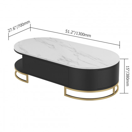 HMR - Oval Storage Coffee Table with Drawers Sintered Stone Gold Base in White