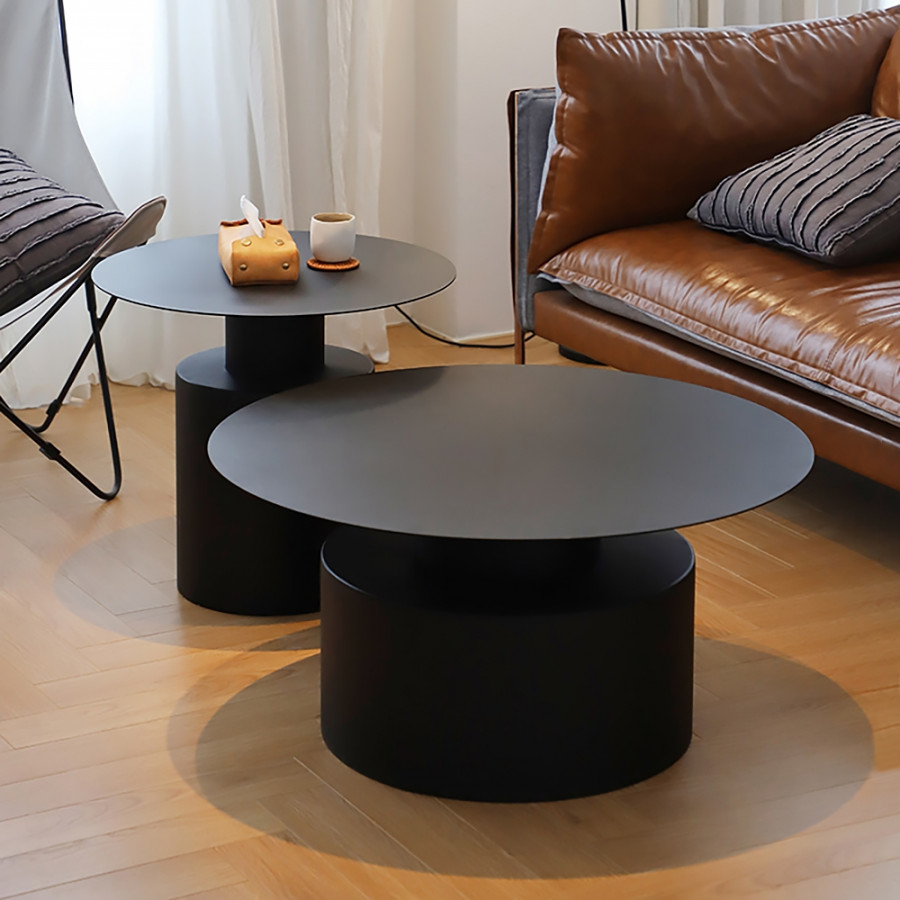 HMR - Round Metal Coffee Table Set of 2 in Black