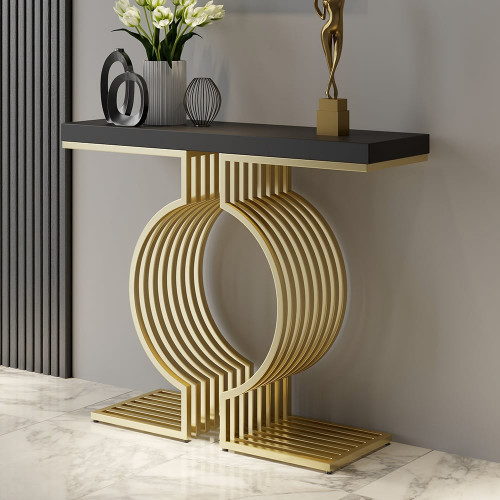 HMR Modern Narrow Console Table with Geometric Metal Base Entryway Table - Black, 47.2"