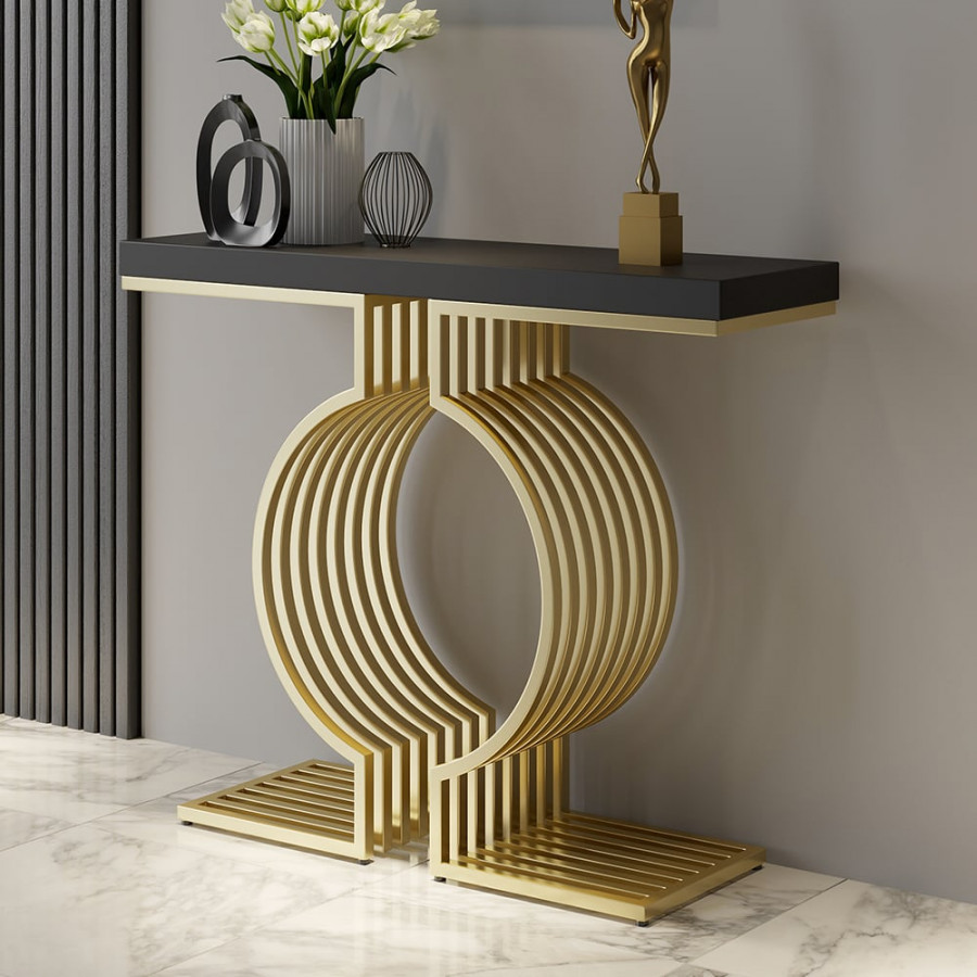 HMR Modern Narrow Console Table with Geometric Metal Base Entryway Table - Black, 47.2"