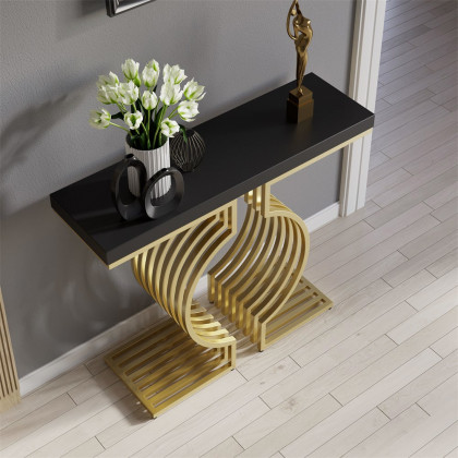 HMR Modern Narrow Console Table with Geometric Metal Base Entryway Table - Black, 47.2"